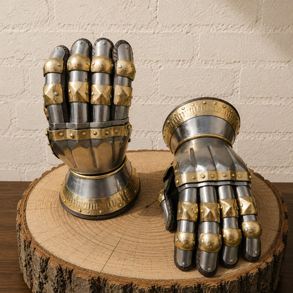 Medieval Knight Gauntlets – Steel Armor Gloves with Brass Accents