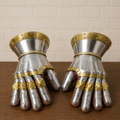 16 Gauge Steel Gauntlets – Knight Armor with Brass Accents for LARP & Cosplay