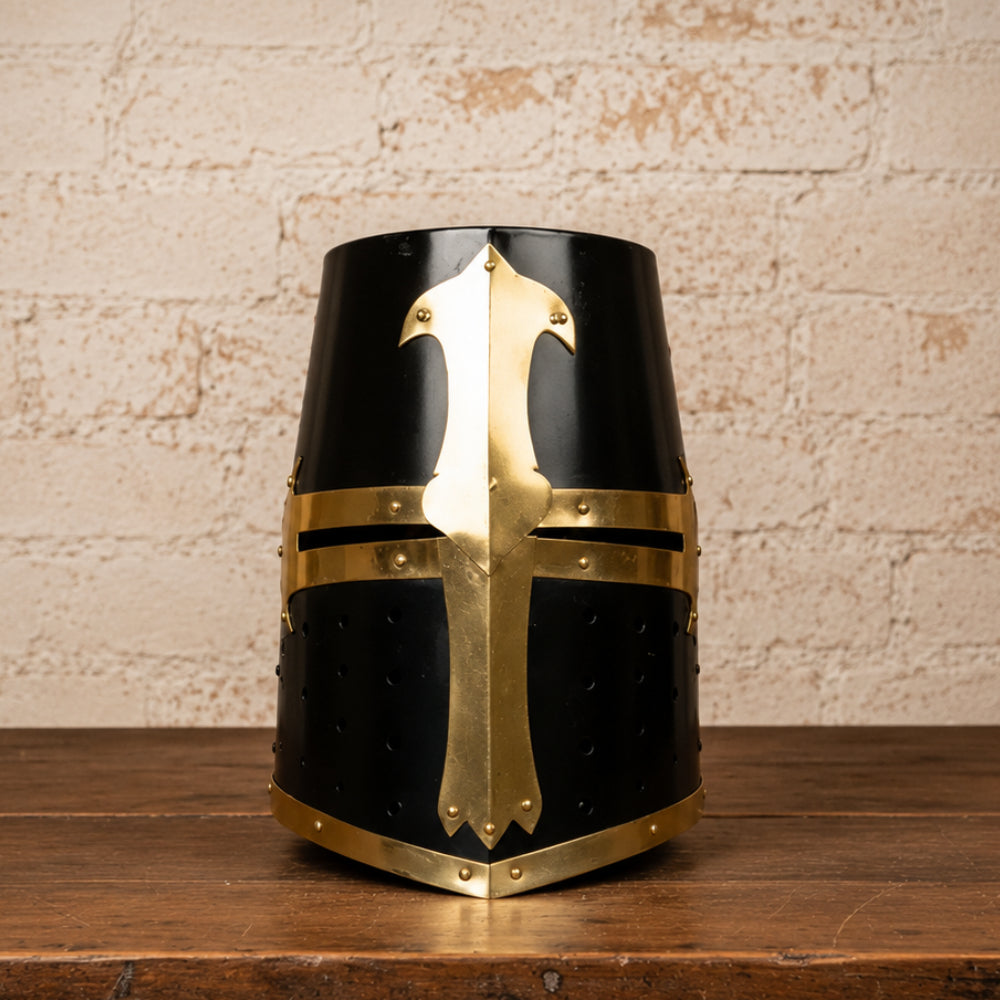 Templar Crusader Knight Helmet – Black Medieval Great Helm with Brass Accents & Display Stand