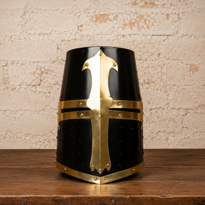 Templar Crusader Knight Helmet – Black Medieval Great Helm with Brass Accents & Display Stand