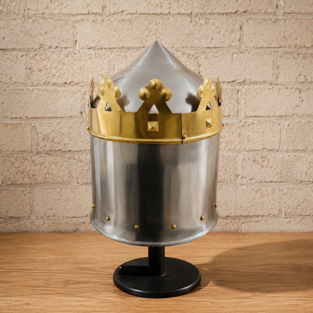 King Richard the Lionheart Helmet with Wooden Display Stand – Medieval Crusader Armor Replica