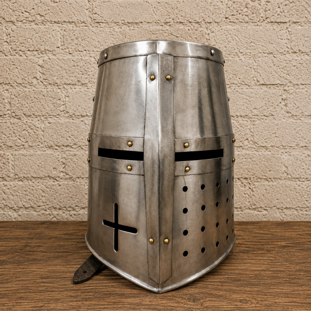 Medieval Knight Helmet with Wooden Display Stand – Silver Armor Replica