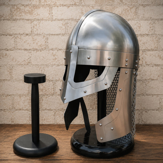 Medieval Raven Viking Helmet with Chainmail Coif & Wooden Display Stand – Norman Knight Armor Replica