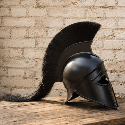 Greek Corinthian Helmet Replica with Wooden Display Stand – Ancient Warrior Armor Collectible