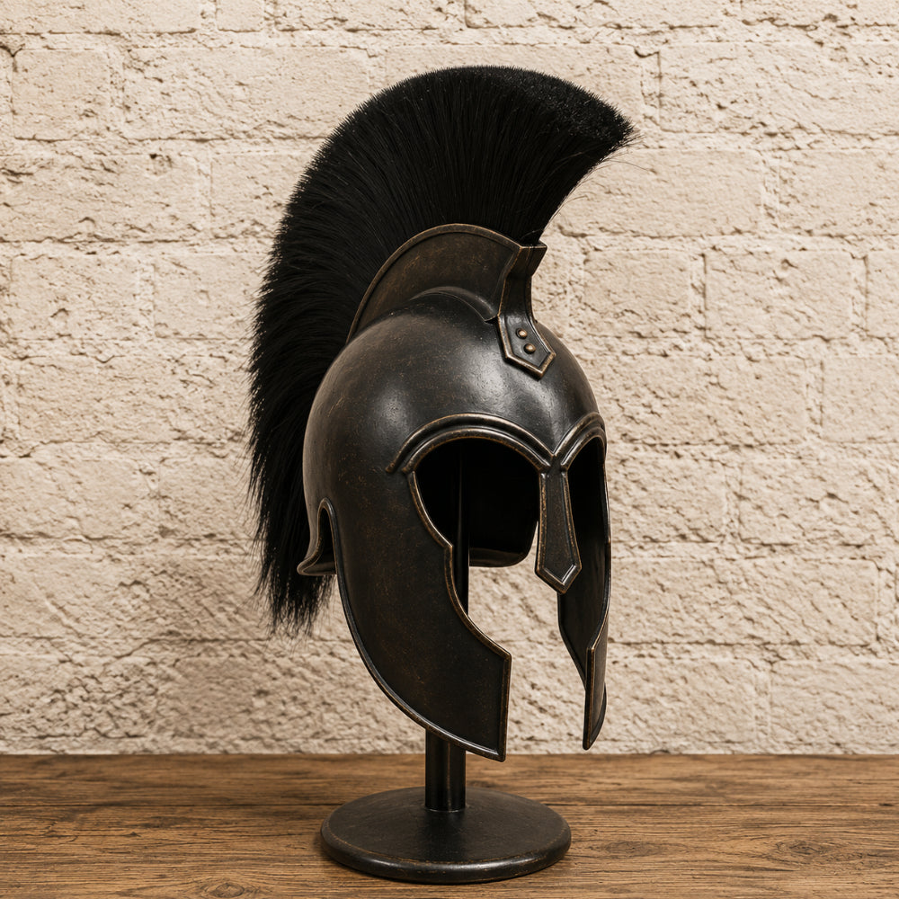 Medieval Achilles Troy Black Helmet with Wooden Display Stand