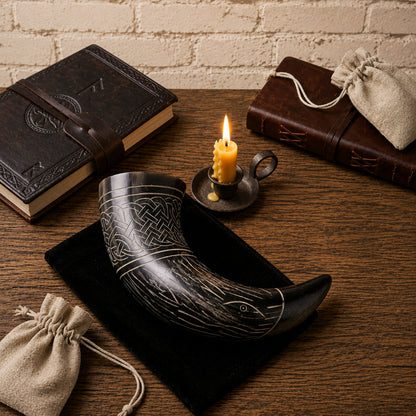 Raven Viking Drinking Horn – Handcrafted Horn with Norse Engravings