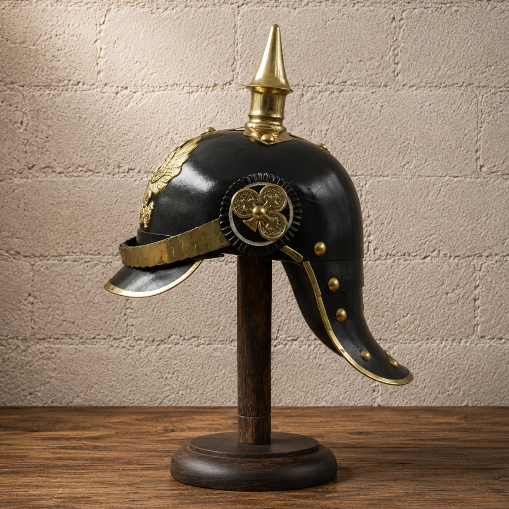 German Pickelhaube Black Officer Helmet with Wooden Display Stand