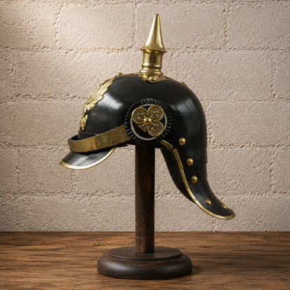 German Pickelhaube Black Officer Helmet with Wooden Display Stand