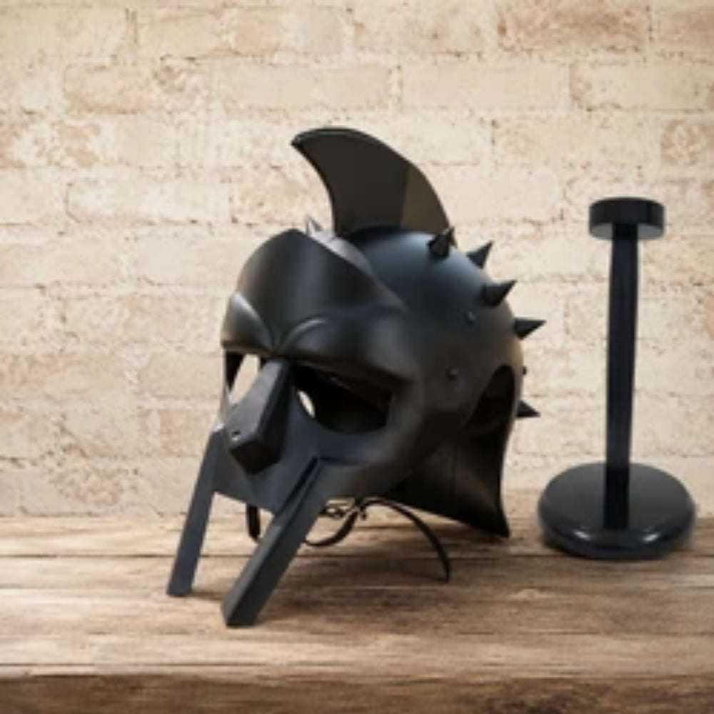 Black Spartan Gladiator Helmet with Wooden Display Stand