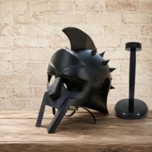 Black Spartan Gladiator Helmet with Wooden Display Stand