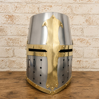Medieval Brass Templar Crusader Helmet with Wooden Display Stand – Decorative Collectible Gift