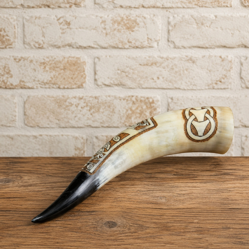 Handcrafted Celtic Viking Drinking Horn – Engraved Natural Horn Mug