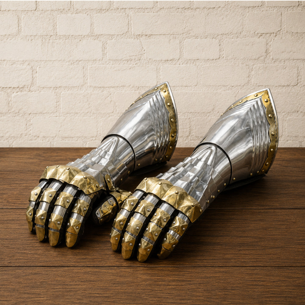 Medieval Steel Gauntlets – 16 Gauge Armor with Brass Accents & Leather Gloves
