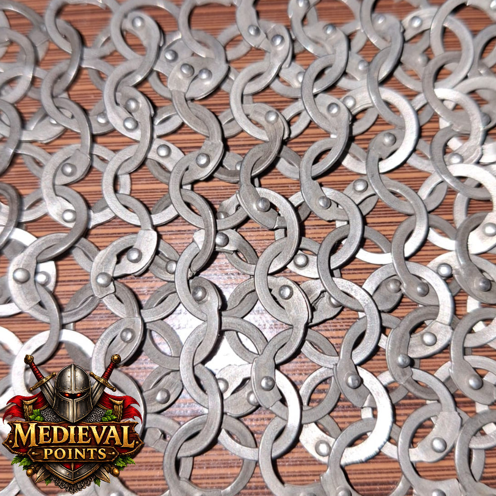 Stainless steel Chain-mail Hauberk: 9 mm Flat Riveted Rings , Open Leather Zig zag Brass Row