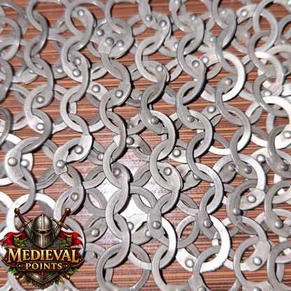Stainless steel Chain-mail Hauberk: 9 mm Flat Riveted Rings , Open Leather Zig zag Brass Row