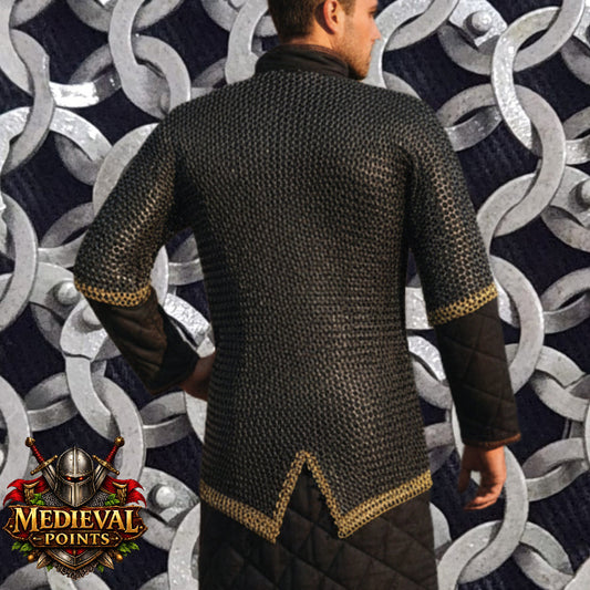 Chainmail Shirt with Double Brass Trim – 9 mm Flat Riveted Solid Ring , haubergeon Shirt