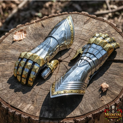Medieval Gauntlets | 16-Gauge Steel Featuring Brass Accents & Built-In Leather Gloves