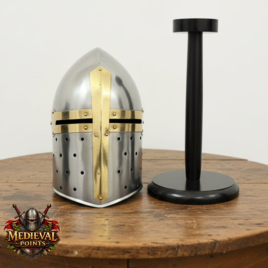 New Suger-loaf Helmet with wooden stand , Silver Crusader Helmet