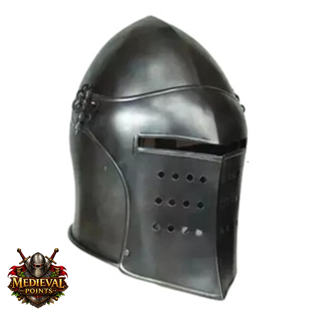Black Barbute Helmet | Barbuta Reenactment Helmet | With Stand For Cosplay And Costumes