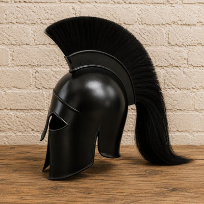 Medieval Achilles Troy Black Helmet with Wooden Display Stand