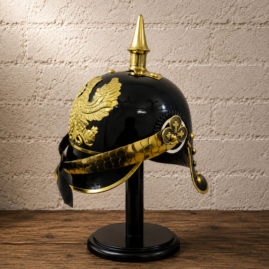 German Pickelhaube Black Officer Helmet with Wooden Display Stand