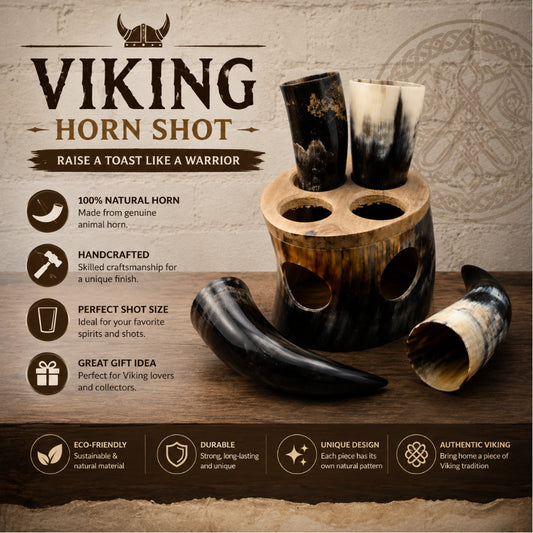 Handcrafted Viking Horn Shot mug Set with Wooden Stand – Rustic Mead Cup Collection