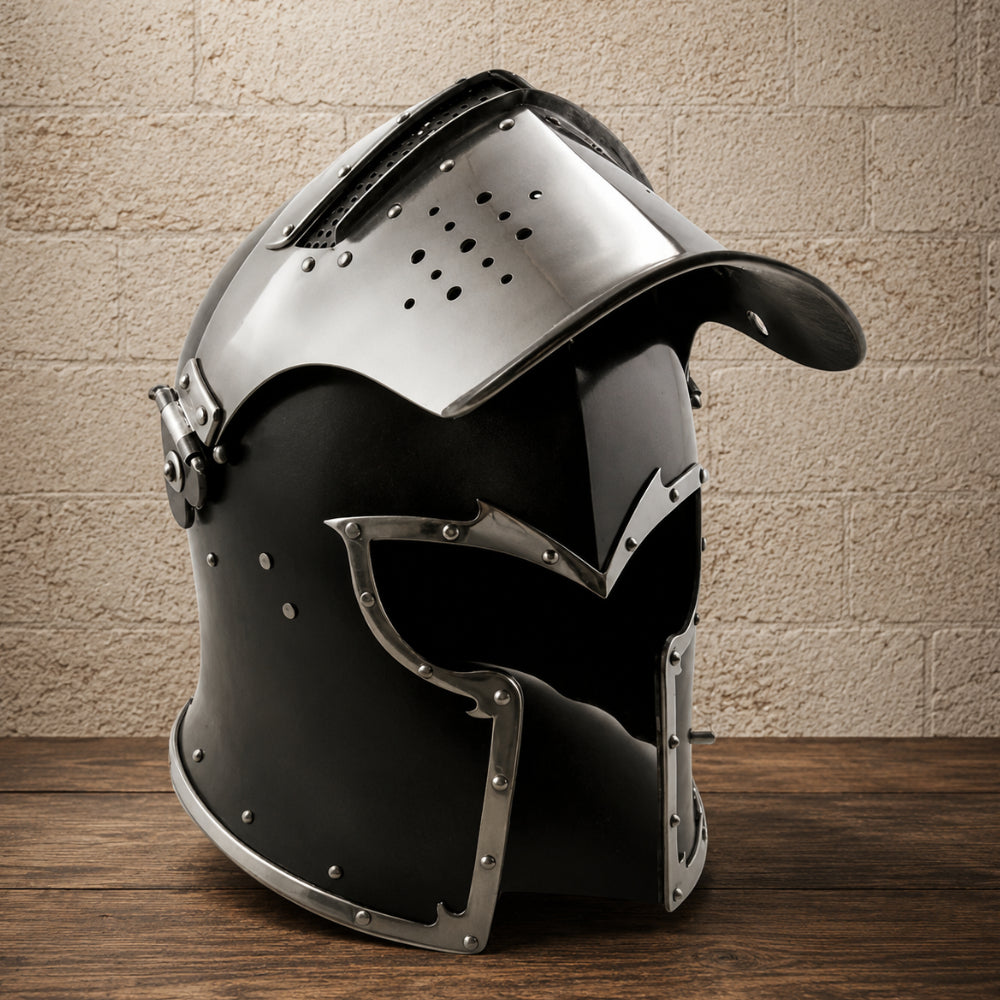 Medieval Barbuta Helmet with Inner Leather Liner & Wooden Display Stand