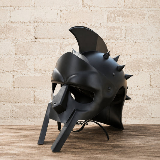 Black Spartan Gladiator Helmet with Wooden Display Stand