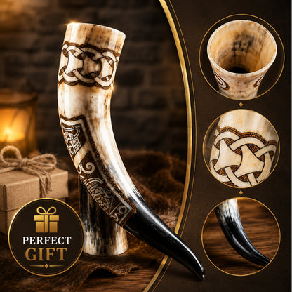 Handcrafted Celtic Viking Drinking Horn – Engraved Natural Horn Mug