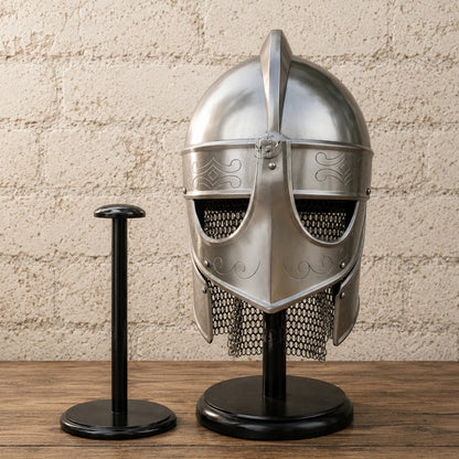Medieval Knights Templar Barbuta Helmet with Visor and Wooden Display Stand
