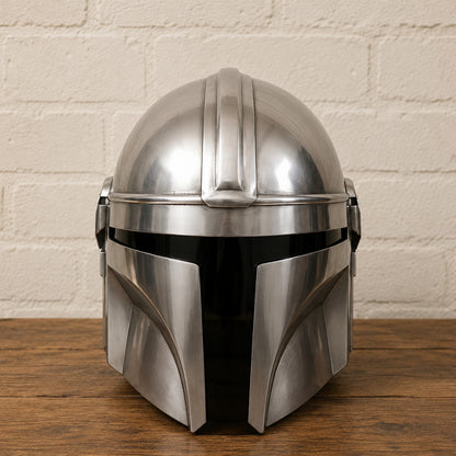 Mandalorian-Inspired Metal Helmet Replica with Wooden Display Stand