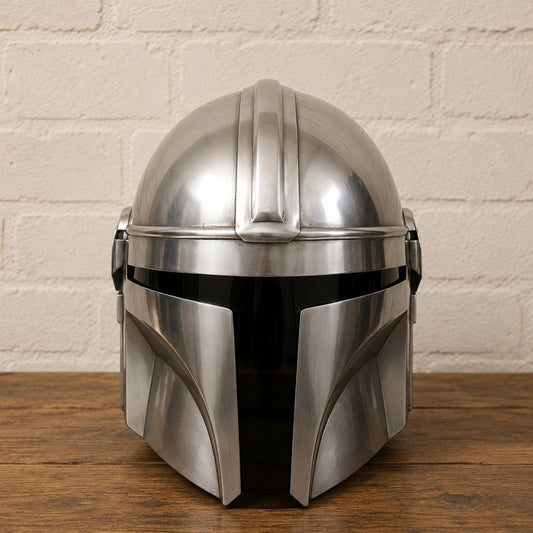 Mandalorian-Inspired Metal Helmet Replica with Wooden Display Stand