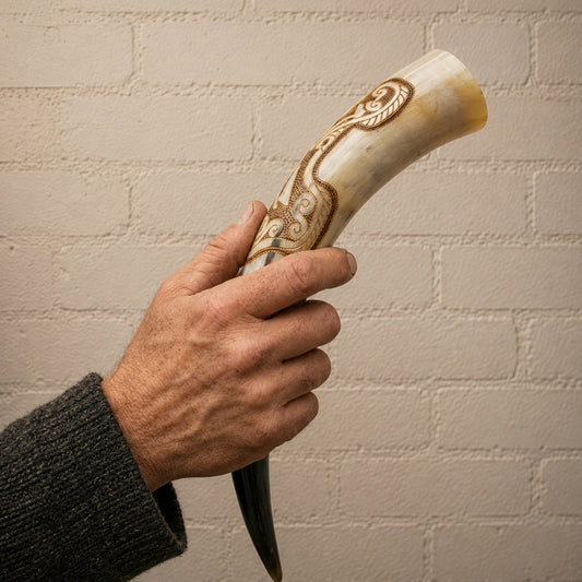 Handcrafted Viking Drinking Horn – Valknut & Celtic Knotwork Natural Horn