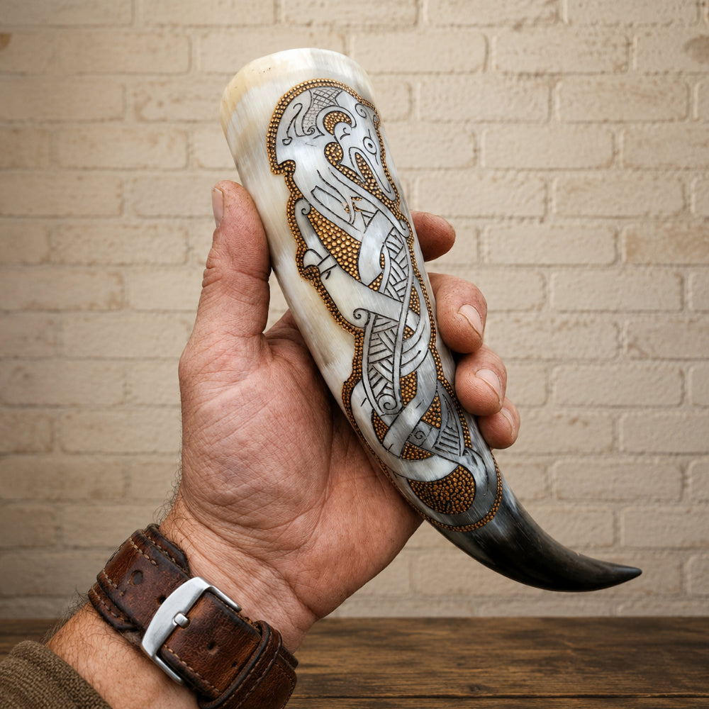 Authentic Viking Dragon Drinking Horn – Handcrafted Celtic Knotwork Mead Horn