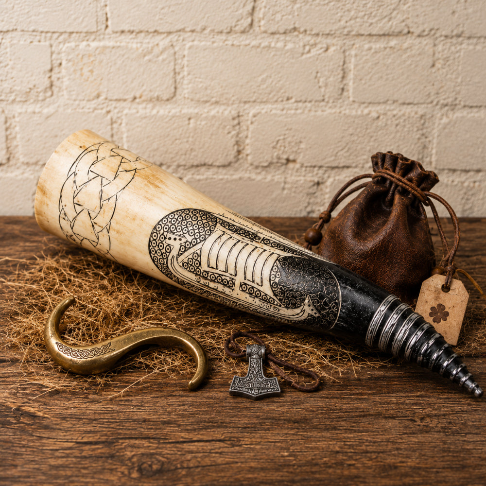 Handcrafted Viking Drinking Horn with Intricate Norse Engravings