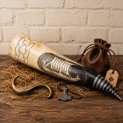 Handcrafted Viking Drinking Horn with Intricate Norse Engravings