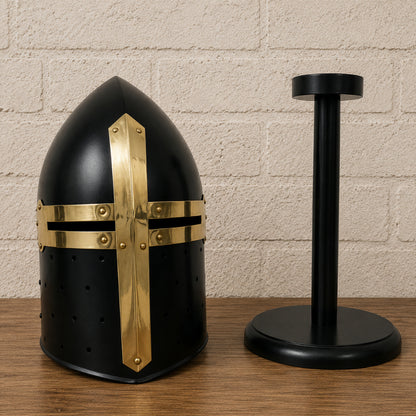 Medieval Black Sugarloaf Helmet with Wooden Display Stand – Crusader Knight Armor Helmet