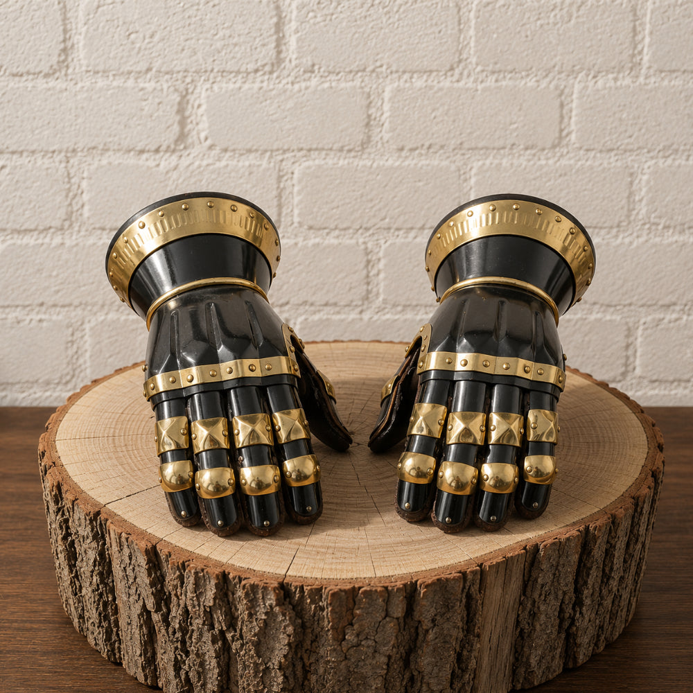 Medieval Knight Gauntlets – Steel Armor Gloves with Brass Accents