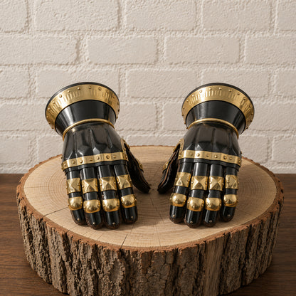 Medieval Knight Gauntlets – Steel Armor Gloves with Brass Accents