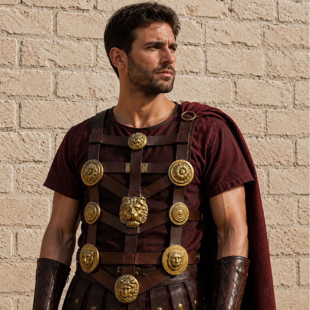 Roman Legionary Phalera Belt with Brass Medallions – Historical Leather Armor Accessory
