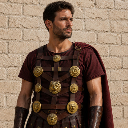 Roman Legionary Phalera Belt with Brass Medallions – Historical Leather Armor Accessory