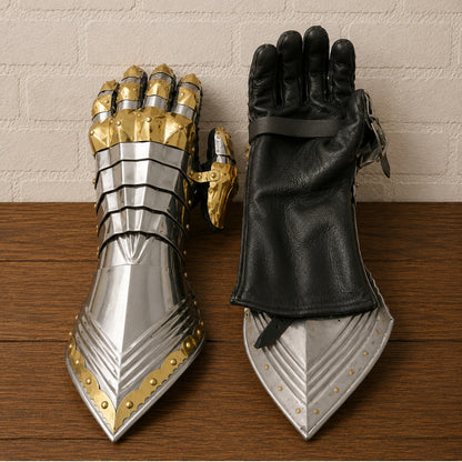 Medieval Steel Gauntlets – 16 Gauge Armor with Brass Accents & Leather Gloves