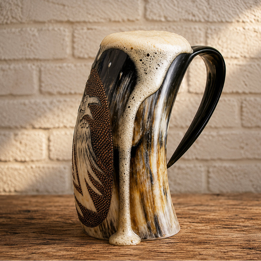Handcrafted Valknut Raven Drinking Horn – Triple Odin's Ravens Viking Horn Mug