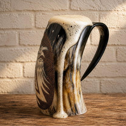 Handcrafted Valknut Raven Drinking Horn – Triple Odin's Ravens Viking Horn Mug