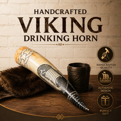 Handcrafted Viking Drinking Horn with Intricate Norse Engravings
