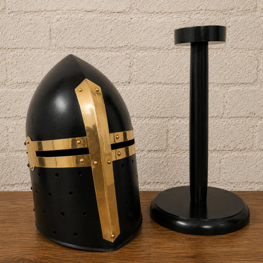 Medieval Black Sugarloaf Helmet with Wooden Display Stand – Crusader Knight Armor Helmet