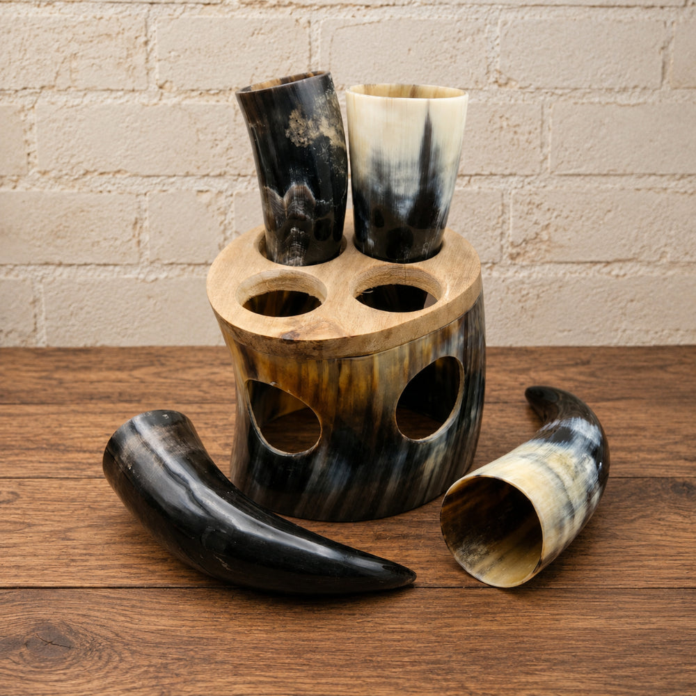 Handcrafted Viking Horn Shot mug Set with Wooden Stand – Rustic Mead Cup Collection