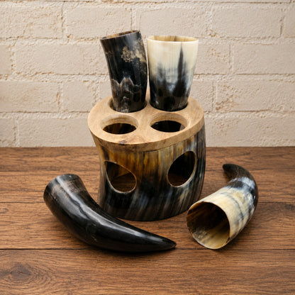 Handcrafted Viking Horn Shot mug Set with Wooden Stand – Rustic Mead Cup Collection