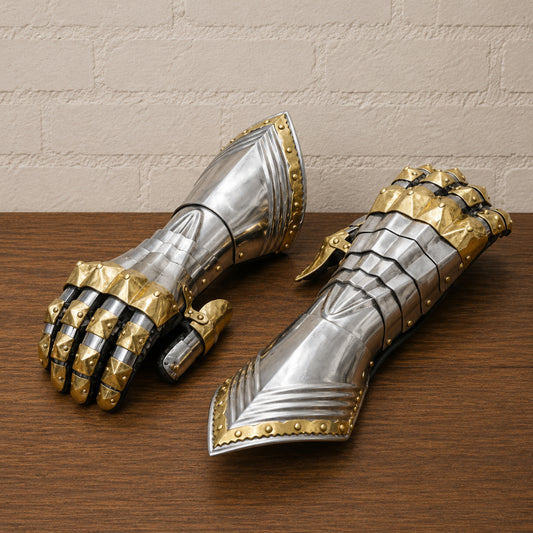 Medieval Steel Gauntlets – 16 Gauge Armor with Brass Accents & Leather Gloves