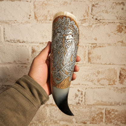 Authentic Viking Wolf Horn  – Hand-Engraved Celtic Knot Design